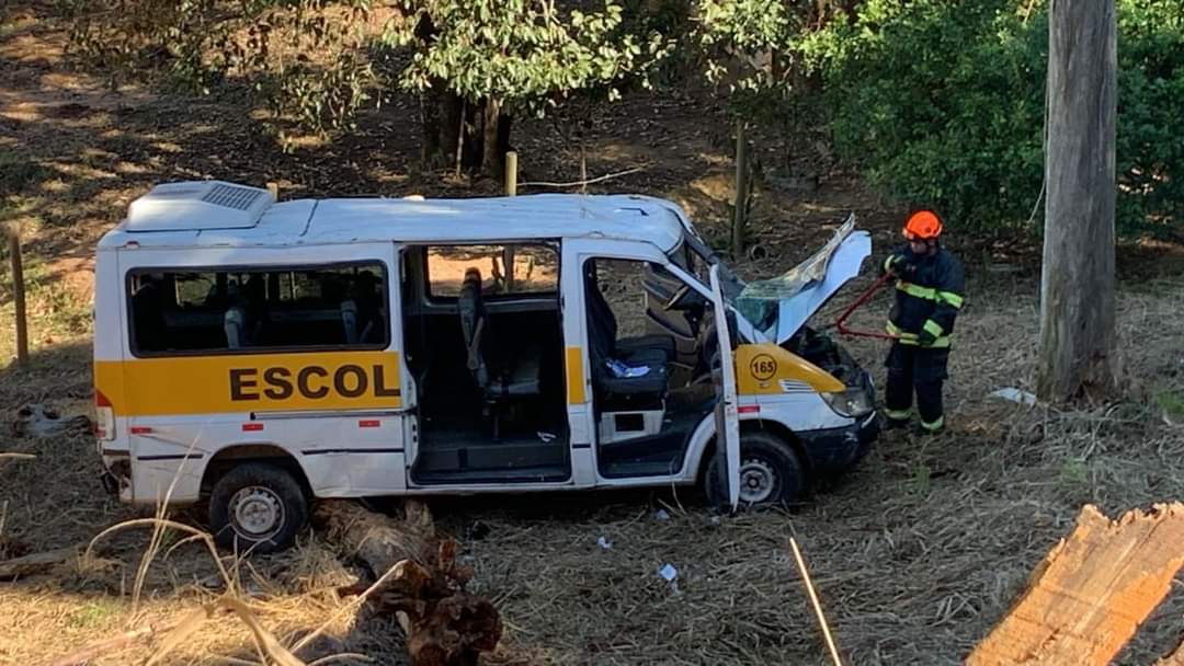 Van escolar com alunos perde freios e cai em barranco