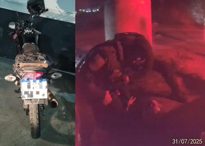Imagem de uma motocicleta apreendida e de guardas imobilizando um suspeito