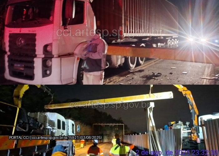 Imagem de uma carreta com uma viga entre o cavalo mec&acirc;nico e o reboque