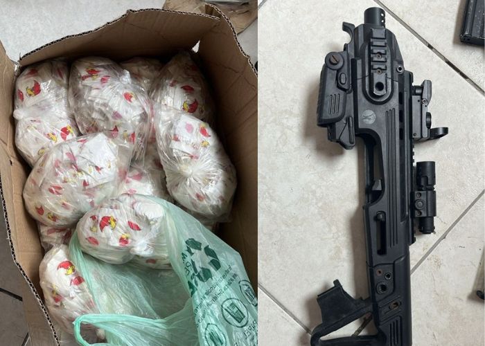 Imagem de drogas e uma arma de fogo