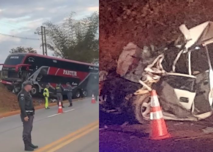 &Ocirc;nibus e carro danificos ap&oacute;s colis&atilde;o frontal