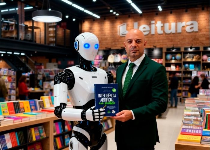 Homem segurando um livro ao lado de um rob&ocirc;.