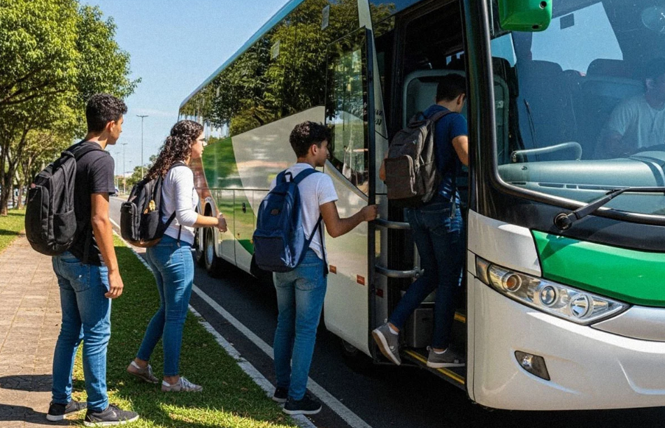 Alunos entrando no ônibus.